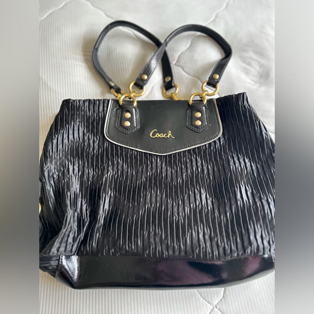 Ashley Coach gathered satin carryall tote satchel.